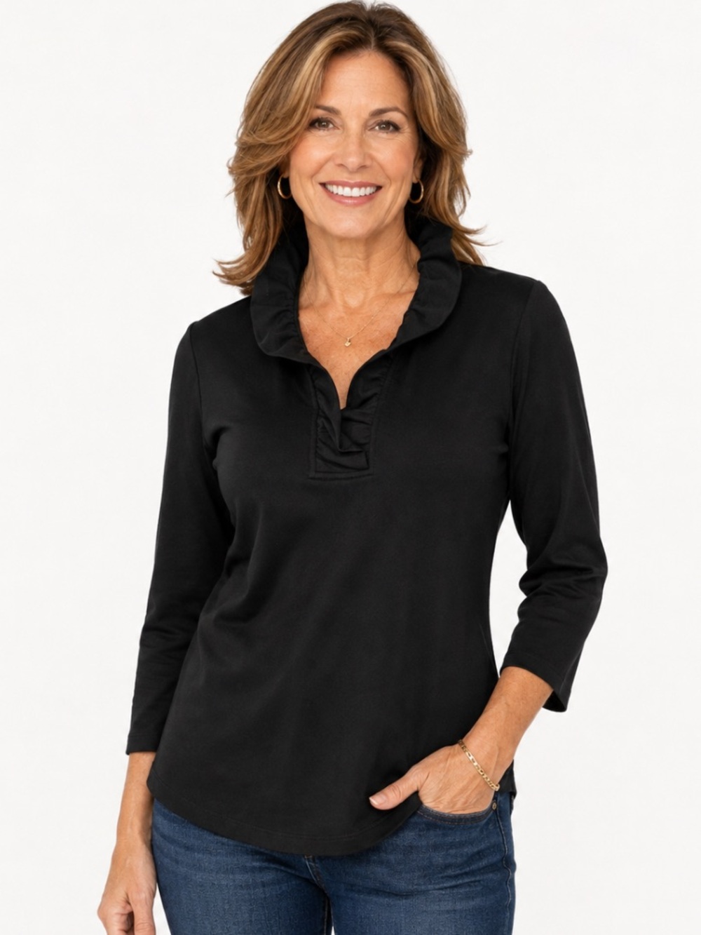 J. McLaughlin Durham Ruffle Top Catalina Cloth Black 3/4 Sleeve Size XS